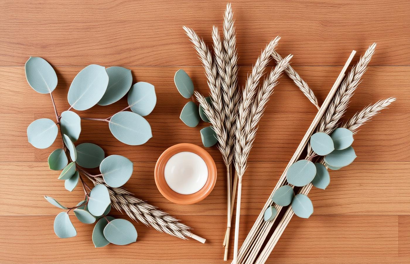 Eucalyptus and dried grasses arranged on natural wood